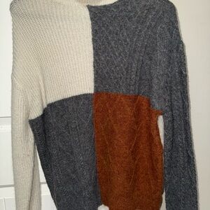 Wishlist Colorblock Cowl Sweater - Cream, Gray, and Brown